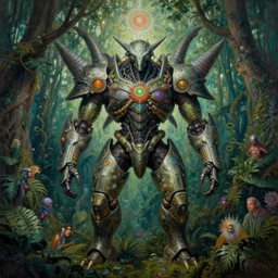 highly detailed portrait of a mystical jungle dmt entity mecha, painting by gaston bussiere, craig mullins, j. c. leyendecker, lights, art by ernst haeckel, john william godward, hammershøi, alex grey, dmt, symmetric, masterpiece