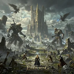 a landscape of ruined civilisation with titans fighting, elden ring style
