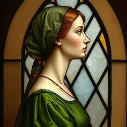 side - view portrait of triss merigold, green dress, tenth century stained glass window, beige and brown background, very masterful