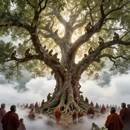 monkeys climb a giant tree, intricate details, finger branches, backlit, clouds, a crowd of robed monkeys, wide shot, concept art, by greg rutkowski