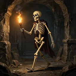 a skeleton walking through a dungeon with a torch