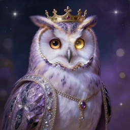 close-up portrait of anthropomorphic owl Prince, man with a head of barn owl, glowing eyes, in a crown, soft glowing, wearing long royal robe, lilac, silver, black, bokeh, blurred space, stars, dreamy, romantic, painting in the museum, highly detailed, sharp focus, digital painting, artwork, by John James Audubon by Victor Adame Minguez by Yuumei by Tom Lovell by Sandro Botticelli