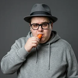 obese sad alien nerdy guy with glasses wearing a hoodie and a fedora and eating a carrot, award winning photography
