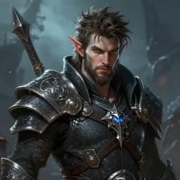 an epic fantastic realism comic book style portrait painting of an aasimar warlock, male, shaggy hair, short brown beard, d & d concept art, unreal 5, daz, petrol aesthetic, octane render, cosplay, rpg portrait, dynamic lighting
