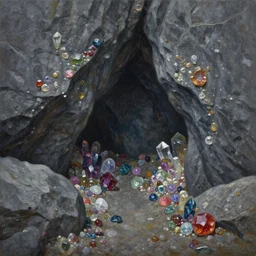A beautiful, highly detailed, very realistic oil painting of a cave of dark grey rocks, and lots of colorful gems and crystals scattered on the ground and stuck on the walls, oil painting by Afremov.