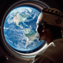 analogue photo of an African tribal chief looking at planet earth out the porthole window of a spaceship, close-up, photographed from behind, NASA, photo shot by martha cooper, 35mm,
