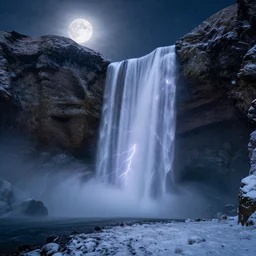 photorealistic full shot of waterfall at moonlight, apocalyptic background, snowing, lightning bolt, high detail, unreal engine 4k volumetric light, fog,