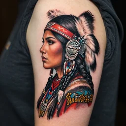 tattoo design, side portrait of a beautiful native american girl, artgerm, by artgerm, warrior