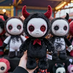haunting plushies being sold at an amusement park, devilish, nightmare - fuel, scary, cursed, evil