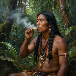 a beautiful painting of a shaman in the jungle sniffing tobacco snuff, art by christophe vacher