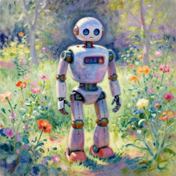 a robot standing on flower garden, watercolor art, 1 8 8 0 s, calude monet style, colorfule, hd, uhd
