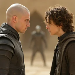 dagger-fight: bald_Austin_Butler_as_Feyd-Rautha_Harkonnen versus Timothee_Chalamet_as_Paul_Atreides, in an arena fight-pit in movie Dune-2021, golden ratio, clear gaze, detailed eyes, detailed faces, 8k