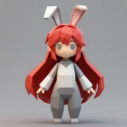 low poly model of a 3D anime girl, long crimson hair, bunny ears, round face, medium shot, trending on ArtStation, detailed face
