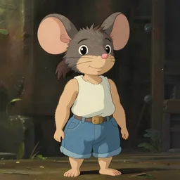 in the style of studio ghibli, anthropomorphic mouse, female, wearing denim shorts and tank top, detailed, intricate, aesthetic, artistic, ambient occlusion, volumetric light effect
