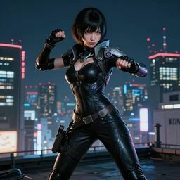 A comic book style portrait painting of a warrior girl wearing black & cyber suit, fighting on rooftop Tokyo cyberpunk feel night, rpg portrait,  dramatic light, rim light, unreal engine render, octane render, hyperrealistic