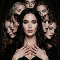 epic masterpiece portrait of agothic lady  played by megan fox, followed by heads with many souls, beautiful face and flawless skin, perfect hands, emeralds by Edgar Maxence and Ross Tran and Michael Whelan