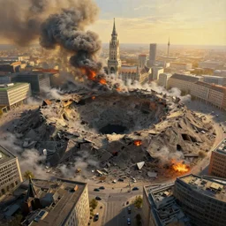 city of munich!!!, huge crater in the middle of city!!!, rubble and ruins!!, ash and fires!! hyperrealistic, highly detailed, cinematic, golden sunlight, beautiful, cgssociety, artstation, 8 k, oil painting by greg rutkowski, by artgerm, by wlop