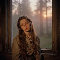 portrait bust of young woman, tired expression, faded color film, russian cinema, tarkovsky, kodachrome, inside old cabin, next to window, heavy forest outside, long brown hair, old clothing, heavy fog, brown color palette, sunset, low light, hudson river school, 4 k, dramatic lighting, greg rutkowski