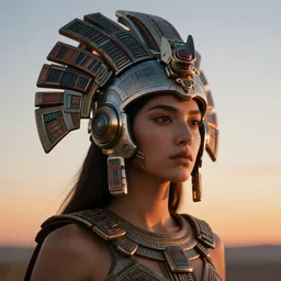 beautiful Fine art photo of a young godess wearing a cyberpunk mayan helmet, photorealistic, high quality, sunset lighting, in the movie 2001 A SpaceOdyssey, 8k