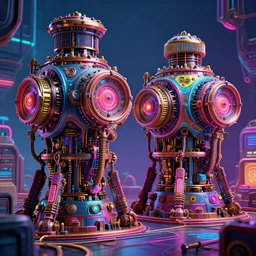 invasion of the tripmachines, realistic digital art, 3 d render of two huge futuristic steampunk generators inside a steampunk machinery, 8 k, fluorescent colors, halluzinogenic, multicolored, exaggerated detailed, unreal engine