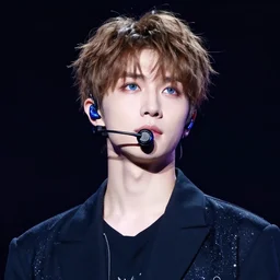 the handsome young lead singer of a boyband with sandy brown hair and blue eyes wearing a neon blue microphone headset posing on stage. concert. cinematic lighting. medium shot photorealistic. hyper realism. ray tracing hdr. intricate detailed masterpiece. by bouguereau and shigenori soejima. lifelike.