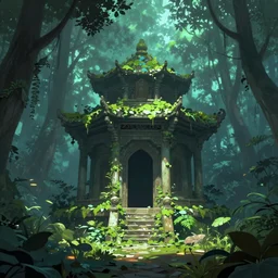 Lost temple, covered by leaves and plants, in a magical forest  with volumetric lighting, matte painting, greg rutkowski, artstation, 4k