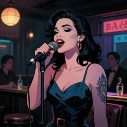 a colorful comic noir illustration of a hauntingly beautiful woman singing the blues in a new orleans jazz bar by sachin teng, dark vibes, pastel lighting, cinematic, depth of field, 8 k, high contrast