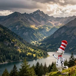 mountains, trees, and lake, dr. seuss