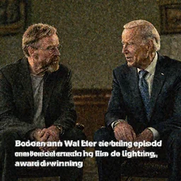 “Very very photorealistic screenshot of Joe Biden and Walter White meeting in an episode of Breaking Bad, atmospheric lighting, award-winning”