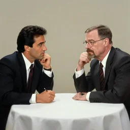 tony montana from scarface (1983) and walter white discussing business at a dinner table, painting