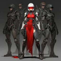 anime keyshot of a robocop girl with white hair, red dress, red vr glasses, rough techwear, detailed full body portrait, intricate complexity, by takato yomamoto, katsushiro otomo, artgerm, ross tran, conrad roset, ilya kuvshinov