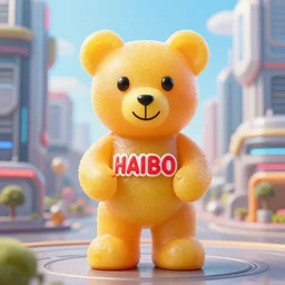 portrait of haribo bear in future city, color and shape focus, central composition, natural light,