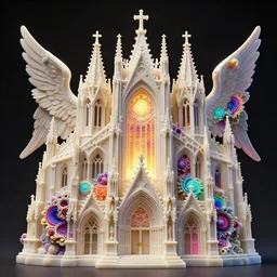 beautiful hyperrealistic 3 d render of a delicate ivory sculpture of an ornate detailed cathedral populated by mandelbrot fractals by android jones, micro detail, unreal engine, volumetric lighting, dramatic lighting, psychedelic, octane renderer, catholicpunk, glowing, white color scheme, photorealistic, physically based rendering, angelic, hyper detailed, colorful, carved soap, trending on cgsociety