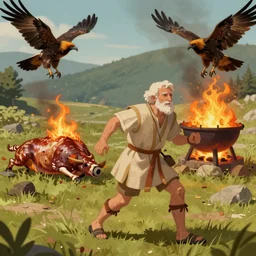 elderly man in Biblical outfit chases away buzzards, in the background is a firepot between the halves of sacrificed animals oil, digital art, trending on artstation