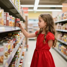thanos in a red girl dress doing groceries at the supermarket, picking up a can beans