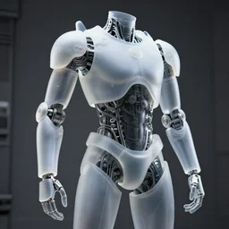 chromium cybernetic endoskeleton in a dark gray room : : highly detailed : : frosted glass like translucent armor