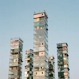 glass towers made up of makeshift squatter shacks with soft colours, mamiya, 8 5 mm, uniform plain sky, fine details, photographed by julie blackmon