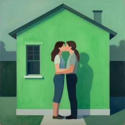 geometric painting, couple kissing, green house