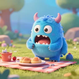 hungry little monster having a picnic. upcoming 3 d animation by an indie studio, rimlighting, depth of field.