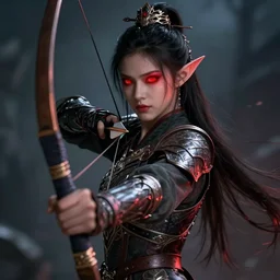 A fantasy warrior elf having glowing red eyes. Holding bow and arrow. Wearing armor. Intricate. Elegant portrait with gloomy cinematic background. Sharp focus. Concept art by Tian Zi