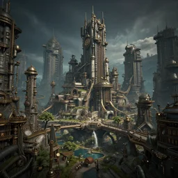 a fantasy steampunk video game city, deep clour\'s, realistic, hyperrealistic, concept art, stylized, unreal engine 5, octane render, cinema4d, high quality render