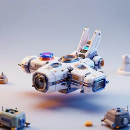a small complete spacecraft toy, c 4 d render, central composition,, robotics, futuristic decor, cinematic light, sci fi, clean background, cybernetic machines, colorful trending on artstation, global illumination, matte painting, high detailed, unreal engine, octane render, 4 k, hd, high quality