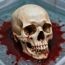 skull in a pool of blood with blood splatter on the skull