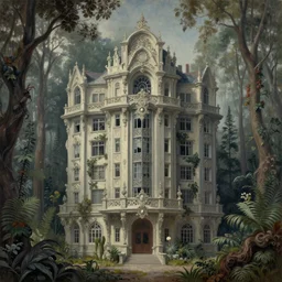 a painting of a building in the middle of a forest, a detailed matte painting, cgsociety, brutalism, matte painting, dystopian art, greeble, featured on polycount, oil paint, insanely detailed and intricate, hypermaximalist, elegant, ornate, hyper realistic, super detailed by eugene von guerard, zdzislaw beksinski, arnold boecklin, francisco go