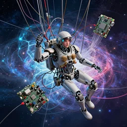 a beautiful robot fighter pilot is suspended by intricate organic and electric cables and wires and fiber to the jet cockpit computer motherboard, experiencing the quantum field comic book art cinematic highly detailed realistic beautiful cosmic neural network o