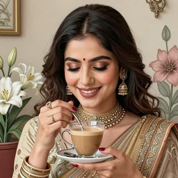 a woman having chai, happy, flowers, absurdly beautiful, elegant, realistic ultrafine hyperrealistic detailed face illustration by amrita sher - gil, intricate linework, sharp focus, bright colors, matte, unreal engine highly rendered, global illumination, radiant light, intricate environment