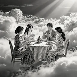 a tea party in the clouds, graphic novel, high contrast