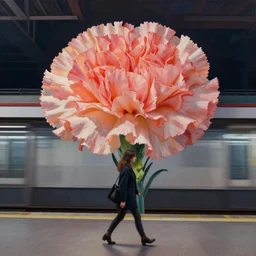 giant carnation flower head, woman walking in a metro station, surreal photography, dramatic light, impressionist painting, digital painting, artstation, simon stalenhag