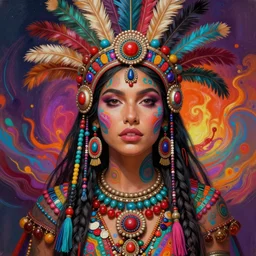 portrait of eva mendes, hyper detailed ultra sharp aztec shaman warrior. trending on artstation, warpaint aesthetic, bloodwave, colorful, psychedelic, ornate, intricate, digital painting, concept art, smooth, sharp focus, illustration, art by artgerm and greg rutkowski and h. r. giger, 8 k