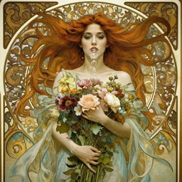 closeup portrait of a beautiful mysterious woman wearing flowing gown, holding a bouquet of flowers, hands disappeared under the bouquet, flowing hair, underwater, bubbles from the mouth, fantasy, regal, intricate, art nouveau, swirly intricate linework background by stanley artgerm lau, greg rutkowski, thomas kinkade, alphonse mucha, loish, norman rockwell